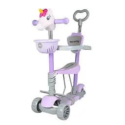 Дитячий триколісний самокат 5 в 1 з підсвічуванням, кошиком та батьківською ручкою Galaktika Єдиноріг Фіолетовий