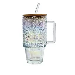 Большая стеклянная кружка с бамбуковой крышкой и трубочкой 750 мл Перламутр Yiwu HP-19-49N