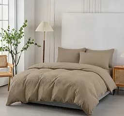 Комбинированное муслиновое постельное белье Primavara в цвете Тауп Евро с простыней на резинке