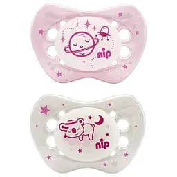 Пустышка Nip Ночной сон № 2, силиконовая, 5-18 мес., 2 шт., розовый с белым (313101)