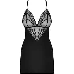 Сатиновый комплект для сна с кружевом Obsessive 828-CHE-1 chemise & Thong S/M, черный