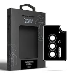 Захисне скло для камери Samsung Galaxy S25 Plus 5G, Supreme BI, чорний колір, з рамкою, глянцеве скло для захисту лінз, протиударне, прозоре, з клейовим шаром по контуру, не впливає на якість фото, ArmorStandart (ARM83220)