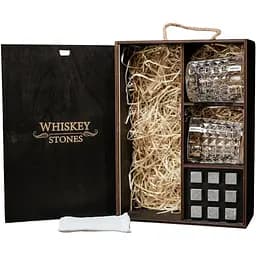 Подарочный набор Whiskey Stones камни для виски в деревянном пенале №7 + 2 стакана Bohemia Diamond + щипцы + мешочек