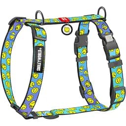 Шлея для собак Waudog Nylon анатомічна H-подібна з QR-паспортом розмір S 1.5х30-45х36-45 см смайли на блакитному