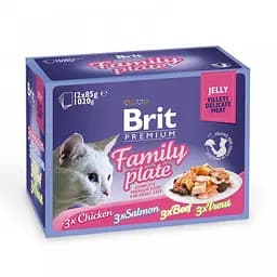 Вологий корм для кішок Brit Premium Cat Family Plate Jelly pouches 1020 г (асорти із 4 смаків сімейна)