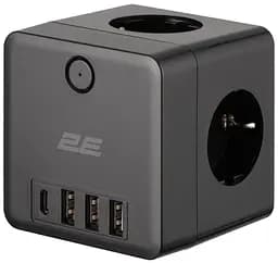 Адаптер сетевой 3xТипF 16A 2xUSB-A 1x USB-C фильтр черный 2E osv0002164