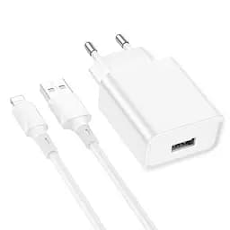 Адаптер мережевий BOROFONE Lightning Cable Aspirer single port charger set BA74A 1USB білий - мініатюра 2