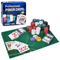 Набір для покеру, фішки з номіналом, 2 колоди карт, ігрове поле, в металевій коробці