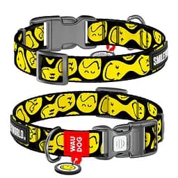 Ошейник для собак нейлоновый Waudog Nylon с QR-паспортом "Смайлики на черном" пластиковый фастекс L Ш 25 мм Д 33-49
