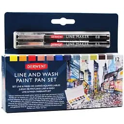 Набір Line and Wash Paint Pan 12 кольорів+пензель з резервуаром+2 лінери Derwent
