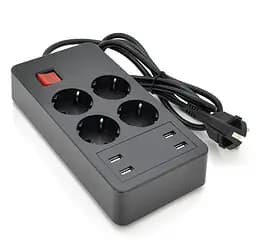 Сетевой фильтр-удлинитель Voltronic PEU4U4S, 3000W, 4 розетки + 4 USB 5V-2.4A, кнопка с индикатором, 16A, 4000W, Black - мініатюра 1