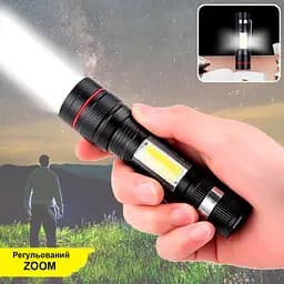 Ліхтарик X-Balog BL-520-T6 ручний акумуляторний чорний, світлодіодний T6+COB, з USB зарядкою і Zoom-фокусом - мініатюра 3