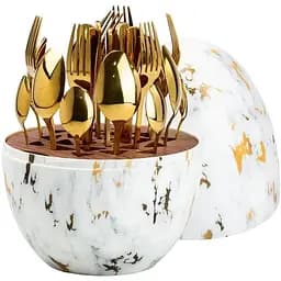 Набор столовых приборов TS Kitchen Белый мрамор на 6 персон из нержавеющей стали золотые 24 штуки в яйце