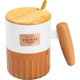 Чашка керамічна Happy Life Vintage з бамбуковою кришкою та ложкою помаранчева з білим 400 мл HP7204BR