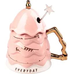 Керамічна чашка Різдвяна ялинка з кришкою та паличкою для розмішування 460 мл Рожевий