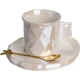 Чашка для кави порцелянова 200 мл з блюдцем і ложкою в дзеркальній глазурі білий FM-2B