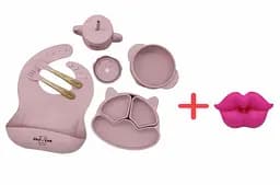 Набір силіконового дитячого посуду Cheeks для прикорму на присосках із харчового силікону ніжно-рожевий + Силіконова соска пустушка ортодонтична губки для новонароджених фуксія