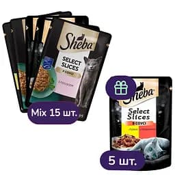 Набір вологого корму для котів Sheba, в асортименті 15 шт. + з куркою та яловичиною в соусі 5 шт. 1.7 кг (20 шт. х 85 г)