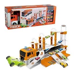 Гараж трейлер, 42 см, інерційний, гараж/трек 50x38x31 см, звук, світло, машинки 8 шт. 4.5 см, 58.5x22x15 см