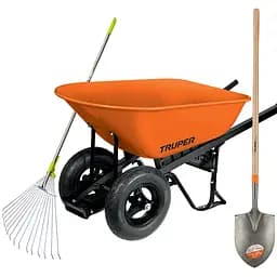 Тачка будівельна Truper двоколісна 118 л помаранчева з лопатою і граблями  (CAR-82SPEC)