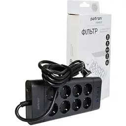 Фильтр сетевой Patron, 8 розеток, 3 м, черный, 4xUSB (3.1A), 16А, до 4 кВт, выключатель, заземление, 3x1.5 мм² (SP-1683-USB)
