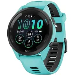Смарт-годинник Garmin Forerunner 265 корпусом кольору аква з чорним безелем та чорний силіконовим ремінцем