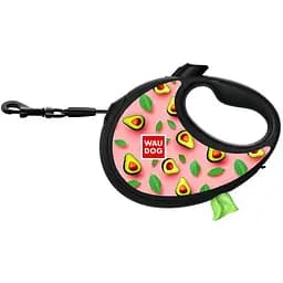 Поводок-рулетка для собак Waudog R-leash с контейнером для пакетов, рисунок "Авокадо на розовом", светоотражающая лента, M