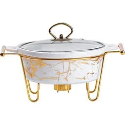Мармітниця  Yiwu порцелянова кругла 1 л зі скляною кришкою золотий мармур HP1037