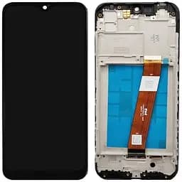 Дисплей Samsung A015 Galaxy A01 /M015 чорний, з вузьким роз'ємом, оригінал PRC, з рамкою, з датчиками наближення та освітлення