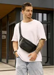 Большая мужская кожаная сумка на пояс бананка Sambag Tirso Max черная 38×17×6 см (81341101m)