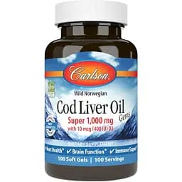 Жир из печени норвежской трески Carlson Cod Liver Oil 1000 мг 100 гелевых капсул