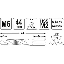 Свердло-мітчик Yato М6х1 мм HSS М2 HEX-1/4 l=44/8 мм (YT-44843) - мініатюра 4