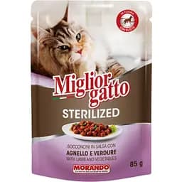 Вологий корм для стерилізованих котів Migliorgatto Sterilized ягня з овочами шматочки в соусі 85 г