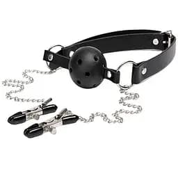 BDSM-аксесуар кляп із затискачами для сосків Чорний K000766