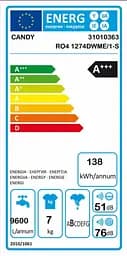 Пральна машина Candy RO41274DWME/1-S 7кг/1200/A+++/Wi-Fi + Bluetooth/Пар/інвертор/45см/Дисплей (RO41274DWME/1-S) - мініатюра 3