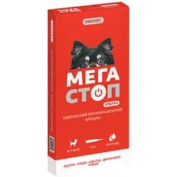Комплексный противопаразитарный препарат ProVET Мегастоп Ультра для собак весом до 4 кг. 4 пипетки по 0.4 мл