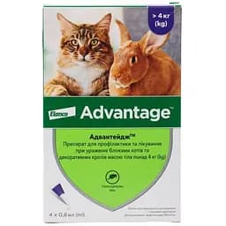 Краплі Elanco (Bayer) Advantage від бліх для котів та кроликів від 4 до 8 кг 3.2 мл (0.8 мл x 4 піпетки) (933786)