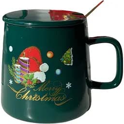 Кружка новогодняя Olens 8030-292 Рождественская с крышкой и ложкой керамическая 400 мл Зеленая