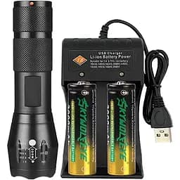 Яркий фонарик COXNSXX с 2 перезаряжаемыми батареями 18650 и универсальным зарядным устройством USB на 2 слота, регулируемый,