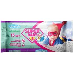 Вологі серветки Super Baby SuperPack, ромашка та алоє, 15 шт.