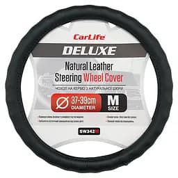 Чохол на кермо Carlife 37 - 39см, шкіра, чорний, біла гума, один шов SW342M