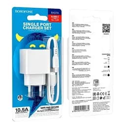 Мережевий зарядний пристрій Borofone BAS11A Erudite single port 1USB/2.1A+ Cable Type-C білий - мініатюра 3