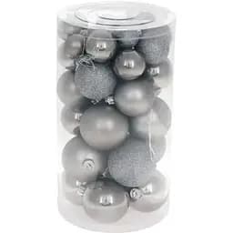 Набір сірих ялинкових куль 40 шт 3 см 4 см 5 см 6 см з гліттером та перламутром пластикові у прозорій тубі