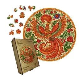 Дерев'яний фігурний пазл Декоративний Розпис Жар-птиця, А4, Картонна коробка 100 елементів