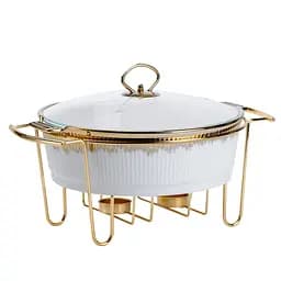 Мармит круглый 3 литра настольный с 2 подогревами для блюд керамический на металлической подставке с крышкой Белый с золотым