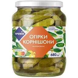 Огірки Премія корнішони мариновані пастеризовані 680 г (333675)