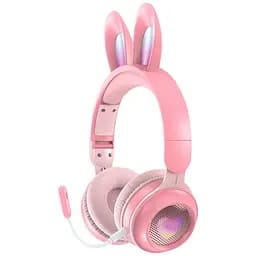 Бездротові дитячі стерео навушники ATD з ігровим мікрофоном, вушками кролика і LED підсвічуванням Рожеві KE-01