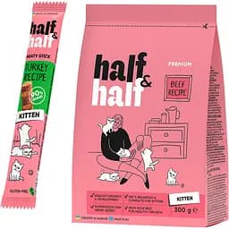 Набір Half & Half для кошенят: корм сухий з яловичиною 300 г + ласощі м'ясні палички з індичкою 5 г