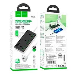 Сетевой фильтр удлинитель HOCO AC7-A 3 розетки + 3 USB+USB-C, 17W, 220В, кабель 1,5м, Black-White - мініатюра 3