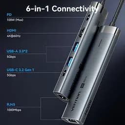 Док-станція USB3.2 Type-C --> HDMI 60Hz/USB 3.0x2/RJ45/PD 100W Hub 6-in-1 Vention - мініатюра 4
